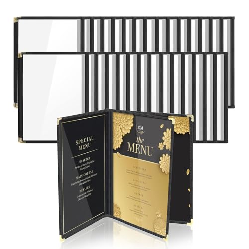 Flexzion Menu Covers 8.5 x 11 Inch - Book Style Menu Holders for Restaurant, Hotel, Cafe, Bar & Pubs - Transparent Clear Menu Covers with 3 Page 6 View, (30 Packs) Menu Folders with Gold Metal Corner - size: 30 pack