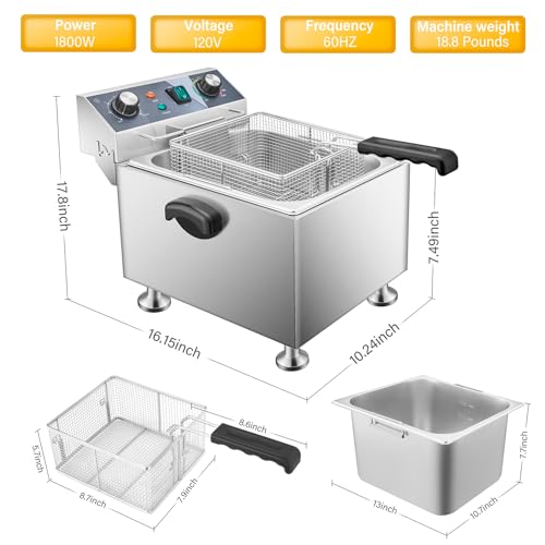 WaterElfo Electric Deep Fryer - 13L 13.7QT Commercial Deep Fryer 1800W 120V18.7Pounds withTroperature Control and Timer Large Basket Fryer for Commercial and Domestic Kitchens - size: 13L 1800W