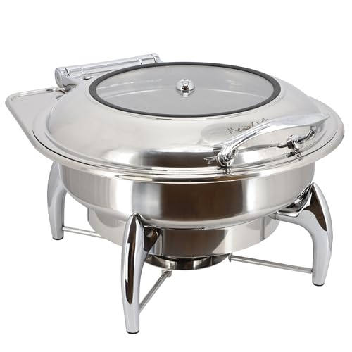 MegaChef 6.3 Quart Round Stainless Steel Professional Chafing Dish/Food Warmer/Buffet Server Serving Trays w/Window & Hinged Lid for Entertaining, Catering, Large Gatherings (6.3 Qt. w/Window) - size: 6.3 Qt. w/ Window