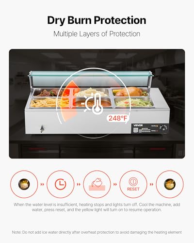 VEVOR Commercial Food Warmer, 1500W Electric Stainless Steel Steam Food Warmer with Glass Cover, 6 x 1/2 Size Pans Buffet Bain Marie with Soup & Perforated Ladles, for Catering, Restaurant & Party - size: 6x1/2Pan ;72QT
