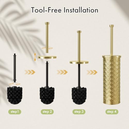 Toilet Bowl Brush and Holder Set 2 Pack with 4 Extra Brush Heads (Gold) - color: Gold