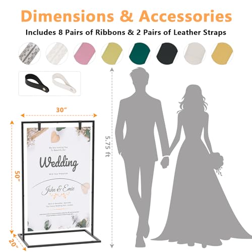 50H" Wedding Welcome Sign Stand with 8 Pair Satin Ribbon & 2 Leather Strap - color: Black