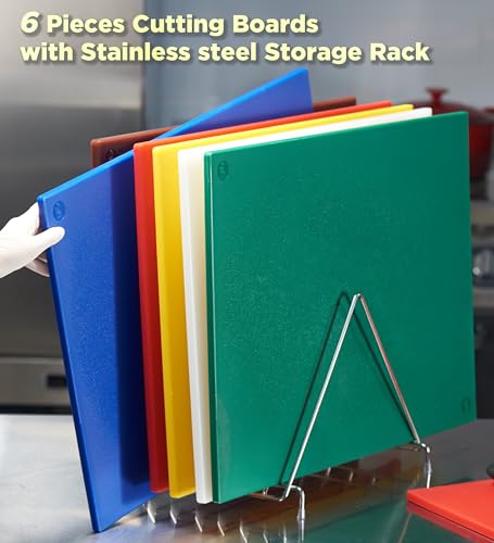 CURTA 6-Piece NSF 24" x 18" x 1/2" Multi-Colored Flexible Cutting Board Kit with Stainless steel Storage Rack, Color Coded Plastic Chopping Board with Anti Slip Surface Dishwasher Safe - color: 6-Color Set with Rack, size: 24 x 18 IN