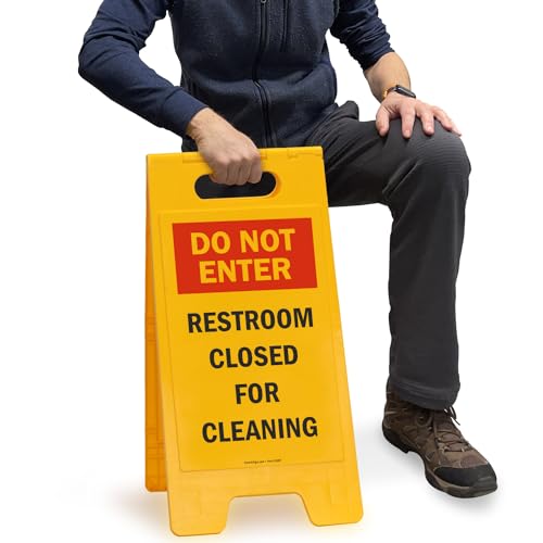 SmartSign 25 x 12 inch “Do Not Enter - Restroom Closed For Cleaning” Two-Sided Folding Floor Sign, Plastic, Red, Black and Yellow - color: Plastic Sign