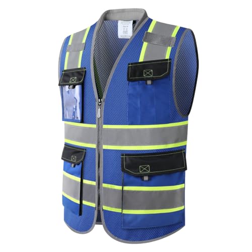 JKSafety Safety Vest for Men Women Hi Vis with Pockets and Cushioned Collar Construction Vest Meet ANSI Standard (BX360) - color: Blue, size: Large