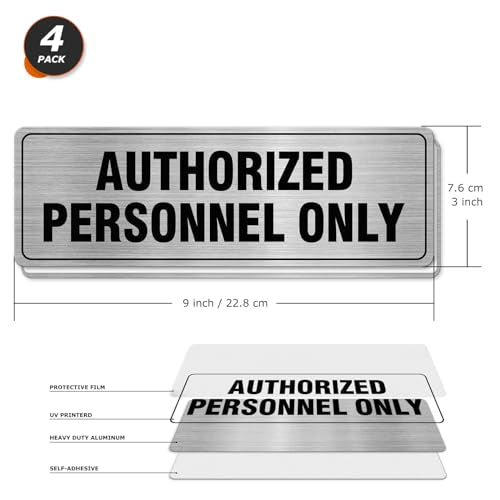 EVQ Authorized Personnel Only Sign Aluminum Metal Silver 9 x 3 Inch 4 Pack - color: Authorized Personnel ff Only