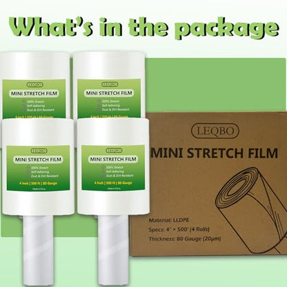 Clear Stretch Wrap Film,4" x 2000Ft Pallet Wrap Roll with Handle for Moving Supplies,80 Gauge Industrial Strength Durable Self-Adhering Packing, Moving, Heavy Duty Stretch Film, 500Ft x 4 Pack