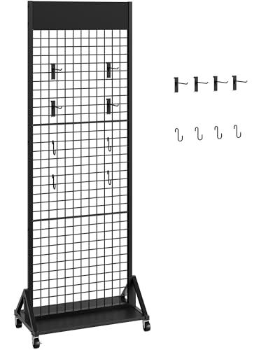 CHOEZON Grid Wall Panel, 2’ x 5.7’ Ft Floor Standing Gridwall Display Rack, Retail Display Stand, with 4 S-Shaped Hooks and 4 Garment Hooks, for Entryway, Study, Kitchen, Outdoors, Black TCJ27BB