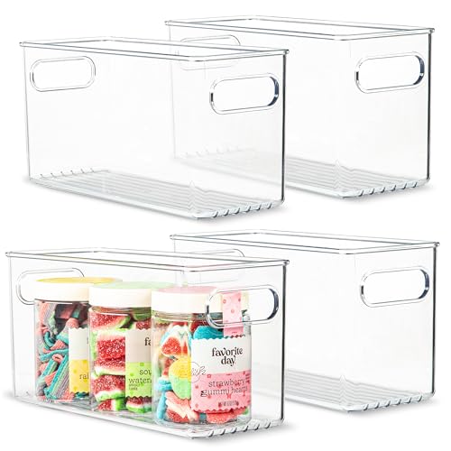 Plastic Food Storage 4 Pack Clear Container Bin with Handles for Organizing Kitchen, Pantry, Refrigerator, Freezer, Pantry, Cabinet, Closet, Bathroom. 10”x4”x5” - size: 10x4x5
