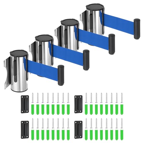 MECCANIXITY Wall Mount Retractable Belt Barrier 6.56ft Crowd Control Belts - color: Silver/Blue, size: 6.56 ft