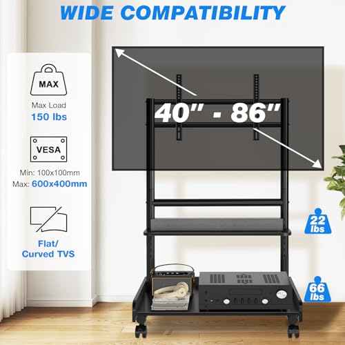 Rfiver Heavy Duty Rolling TV Stand with Wheels for Most 40-86 Inch TVs up to 150lbs, Height Adjustable Mobile TV Stand with Shelf, Floor TV Stand for Living Room, TV Cart Max VESA 600x400mm (Black) - color: Black