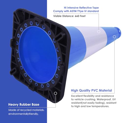 6 Pack 18" Inch Blue PVC Traffic Cones with Heavy-Duty Base, High-Visibility All-Weather Safety Cones for Road Construction, Parking Lot, and Garage Use (6, Blue, 18" Medium) - color: Blue, size: 18" Medium