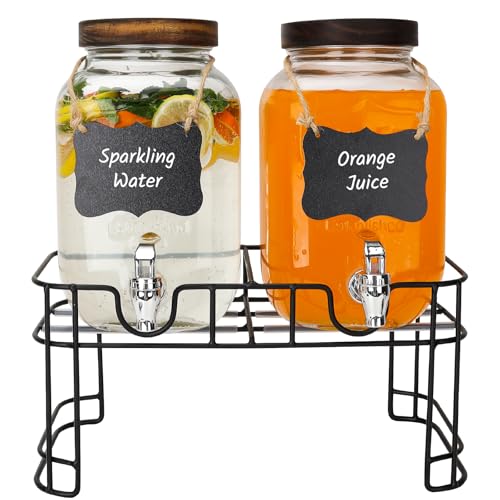 2 Pack 1 Gallon Glass Drink Dispensers with Wood Lid, Stand, Spigot - size: 2 Pack 1 Gallon with Wood lid