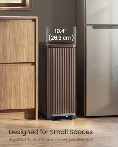 SONGMICS Trash Can, 13 Gallon (50 L) Slim, Stainless Steel, with Lid, Pedal - color: Brown, size: 13 Gallon (Slim)