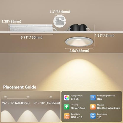 CycevSun 2 Inch Recessed Lights Anti-Glare COB Canless Spotlight, 6 Pack - color: White, size: 2 Inch