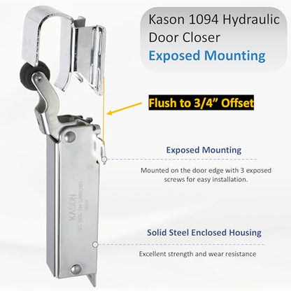 Awoco 1094 Hydraulic Door Closer, Exposed Mounting with 1094-X26 Adjustable Wide Hook (Flush to 3/4” Offset) for Walk-in Coolers/Freezers by Kason - style: Exposed closer with Flush to 3/4" Hook