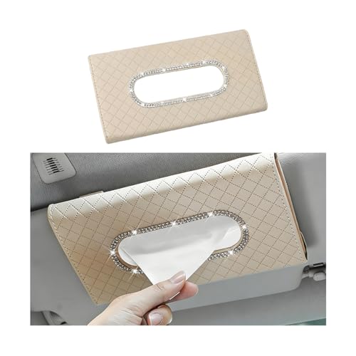 Bling Car Visor Tissue Holder, Crystal Rhinestones Vehicle Sun Visor Hanging Napkin Organizer Case with Ergonomic Take Out Port, Automotive Interior Tissue Dispenser, Universal Fit (Beige) - color: Beige