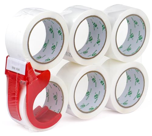 BOMEI PACK Packing Tape with Red Dispenser White Packaging Tape for Shipping Moving Strong Sealing Adhesive Industrial Depot Tapes for Storage 1.88 inch x 60 Yards, 6 Rolls - color: white