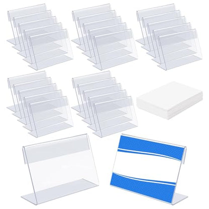 36 Mini Acrylic Sign Holder Name Card Price Tag Label Holder with 36 PCS Blank Labels Slanted L-Shape Plastic Name Card Price Card Tag Label Counter Top Stand