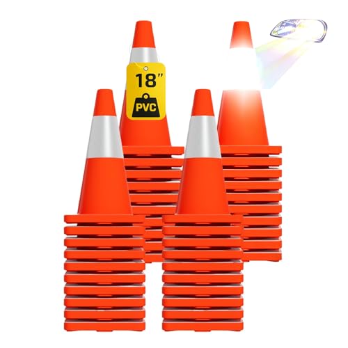 20 Pack 18" Construction Parking Cones, High Toughness Traffic Cones with Reflective Collars, PVC Parking Cones, Hazard Construction Cones for Commercial Parking Lot Management, Driveway Road Parking