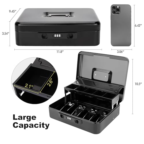 Cash Box with Snap Latch Combination Lock and Sliding Coin Lid, Secure Cash Box with Money Tray and Lock, Durable Safe Money Box for Home and Office,Black,11.8"L x 9.5"W x 3.5"H - color: True Black