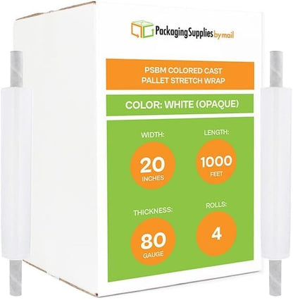 PSBM 4 Rolls White Stretch Film/Wrap with Handles 20 Inch x 1000 Feet 80 Gauge, Heavy Duty Industrial Strength Shrink Plastic Wrap for Moving, Packing, Shipping, Pallet Wrapping & Storage - size: 4 Rolls, style: White