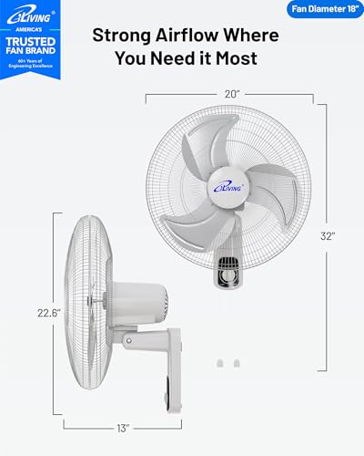 iLiving Glow Oscillating Wall Mount Fan with Adjustable Tilt, 18-inch, 3 Speed, Metal Grille and Blade, 90 Degree Oscillation, Airflow 1650CFM, Ideal for Home, Bedroom, Gym & Office, Greenhouse - size: 18 In