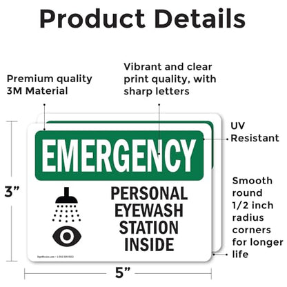 (2 Pack) Personal Eyewash Station Inside With Symbol OSHA Emergency Sign 5 Inch X 3.5 Inch Vinyl Label Decal Sticker Weather Resistant, UV Protected for Workplace, Construction Site, Made in the USA