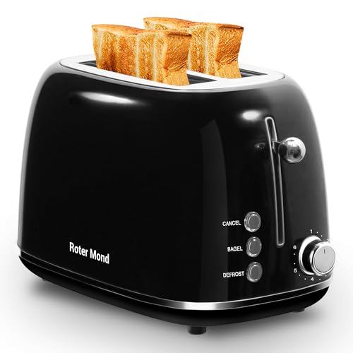 Roter Mond 2 Slice Toaster Retro Stainless Steel with Bagel, Cancel, and Defrost Functions, 6 Bread Shade Settings, Extra Wide Slots and Removable Crumb Tray, Black - color: Black