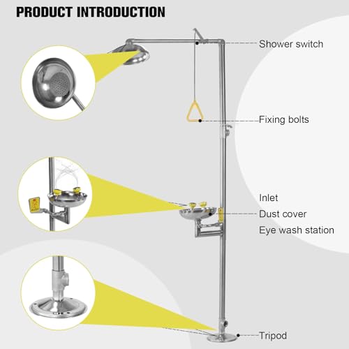 304 Stainless Steel Combination Eye Wash Station and Shower Emergency Shower Eyewash Station Stand Plumbing Eye Washing Unit for Industrial & Commercial & Lab Use