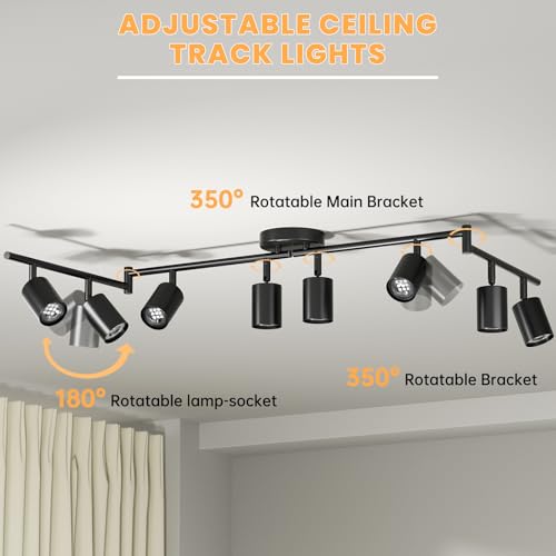 LED 8 Light Track Lighting Kit, 57.6" Black 8 Way Ceiling Spotlights Fixture, 3 CCT Adjustable, with Flexibly Rotatable Light Heads for Kitchen, Living Room, Bedroom, Includes 8 x GU10 Bulb - color: Black, size: 8