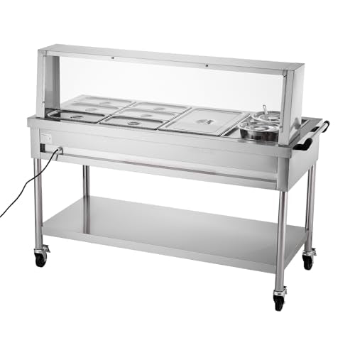 VEVOR Commercial Food Warmer, 7 Pans + 2 Pots Electric Steam Table, 1800W Professional Buffet Catering Food Warmer with Shield Undershelf Wheels, Stainless Steel Server for Party Restaurant Hotel - size: 7 Pans + 2 Pots Large