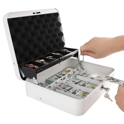 Cash Box with Key Lock and Money Tray, Durable Metal Money Box for Cash Register, 4 Bill / 5 Coin Slots, Safe Storage for Home & Small Business, 11.8" x 9.5" x 3.5", K-White - color: K-White