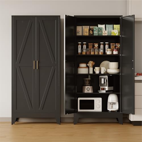 COFaR Metal Pantry Cabinet with Doors, Farmhouse 71'' Tall Storage Cabinet with 4 Adjustable Shelves, Kitchen Pantry Cabinet for Dinning Room, Garage, Laundry, Bathroom, Black 5-Tier - color: Black, size: 15.75''D × 31.5''W × 70.87''H-L01