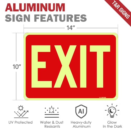 T&R Large Exit Sign - 2 Pack - - 14 x 10 Inches Rust Free .040 Aluminum Glow-In-The-Dark - UV Protected, Waterproof and Fade Resistant - 4 Pre-drilled Holes - color: Red -14" x 10" - 2 Pack - Glow-In-The-Dark