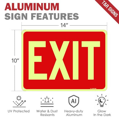 T&R Large Exit Sign - 2 Pack - - 14 x 10 Inches Rust Free .040 Aluminum Glow-In-The-Dark - UV Protected, Waterproof and Fade Resistant - 4 Pre-drilled Holes - color: Red -14" x 10" - 2 Pack - Glow-In-The-Dark