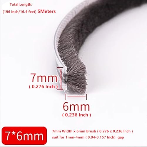 16 Ft (5m) 196 Inch Sliding sash Windows Doors Tape Pile Draught excluder Brush Seal Strip weatherstrip 7mm x 6mm (7/24 1/4 Inch, Gray) - size: 7mm * 6mm