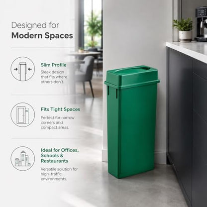 23 Gallon Slim Rectangular Commercial Trash Can, Heavy Duty Plastic Indoor Waste Bin for Kitchen, Office, Restaurant, School, Restroom & Janitorial Use (Dark Green, with Lid) - color: Dark Green