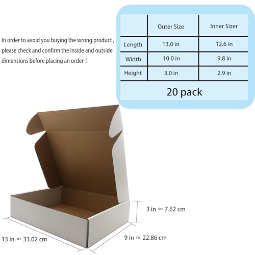 13x10x3 Inch White Shipping Box 20 Pack,Craft Gift Box,Mailing,Packaging - size: 13''x10''x3''