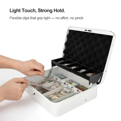 Cash Box with Key Lock – 0.7mm Steel Cash Drawer with Money Bag & Auto-Pop Coin Tray, 4 Upgraded Finger-Safe Bill Clips, Portable Register for Vendors, Business & Home, 11.8" x 9.5" x 3.5", White - color: White
