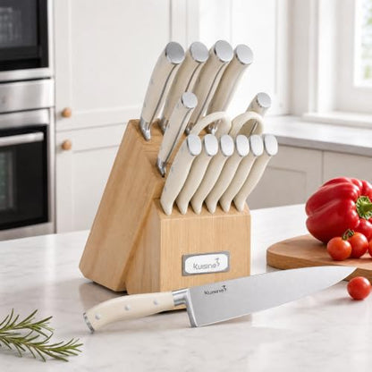 KUISINE Upgraded Knife Set High Carbon Stainless Steel Sharper Blade Ergonomic Handle,Knife Block Set with Built- in Sharpener(Ivory Pro Acacia,15PCS) - color: Ivory Pro