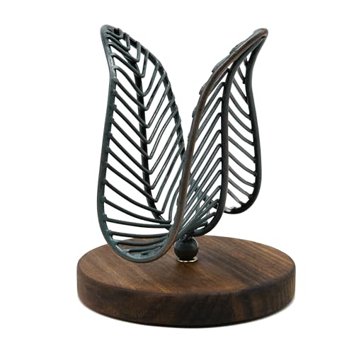 OwlGift Freestanding Modern Napkin Holder w/Golden Turquoise Wrought Iron Leaf & Brown Wooden Base Design, Tabletop Tissue Dispenser, Napkin Storage Organizer - color: Wire / Golden Turquoise