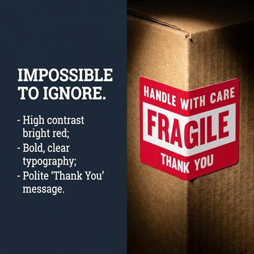 3” X 2” Fragile Handle with Care Warning Stickers, Fragile Tape for Packing and Shipping, Permanent Adhesive Labels 500 Per Roll (1 Pack)