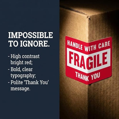 3” X 2” Fragile Handle with Care Warning Stickers, Fragile Tape for Packing and Shipping, Permanent Adhesive Labels 500 Per Roll (1 Pack)