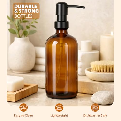 GeeRic 32 Ounce Glass Soap Dispensers, 2 Pack Refillable Amber Glass Bottles with Stainless Steel Pump, Bathroom Kitchen Liquid Dispenser for Hand Soap, Lotion, Shampoo