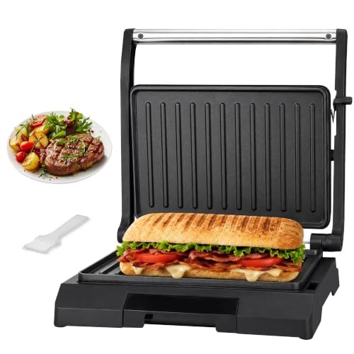 Baker's Friend 2 Slices of Mini Panini Press Electric Grill, Panini Grill Press Sandwich Maker Press, Sandwichera Electrical for Pancakes & Eggs, Oil Tray, Non Stick Surfaces, Stainless Steel