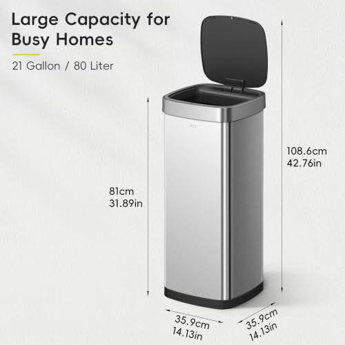 EKO EcoSmart Tall and Large Kitchen Trash Can or Recycling Bin, 80L/21.1G High Capacity, Touchless Soft Square Motion Sensor Garbage Can, Brushed Stainless Steel - size: EcoSmart 80 liter - Stainless Steel