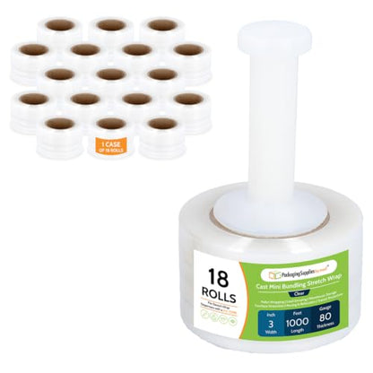 PSBM Mini Stretch Wrap with Plastic Handle 18 Rolls 3 Inch x 1000 Feet 80 Gauge Heavy Duty up to 500% Stretch Clear Plastic Wrap Industrial Strength Shrink Film for Moving, Packing & Shipping - 18