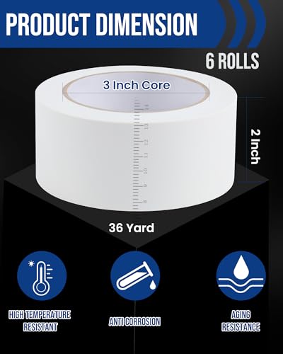 Lichamp 6 Rolls Vinyl Tape, 2" x 36 Yards per Roll, 216 Total Yards, White - color: White