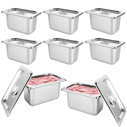 8 PCS Stainless Steel Hotel Pans with Lids 1/9 Size 4 Inch Deep Stainless Steel Steam Table Pan with Lids Metal Food Pans with Lid for Hotel, Restaurant, Buffet, Home - size: 1/9 Size 4 Inch